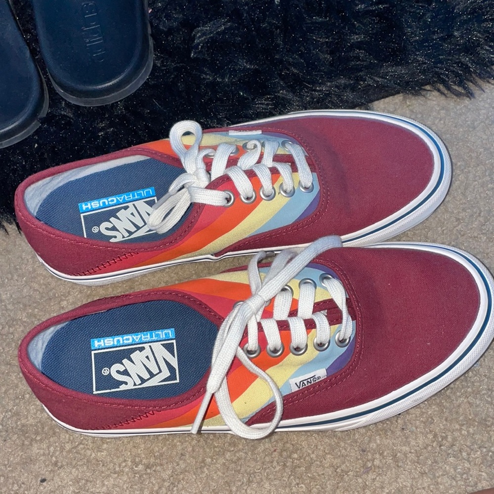 Maroon and rainbow vans low tops